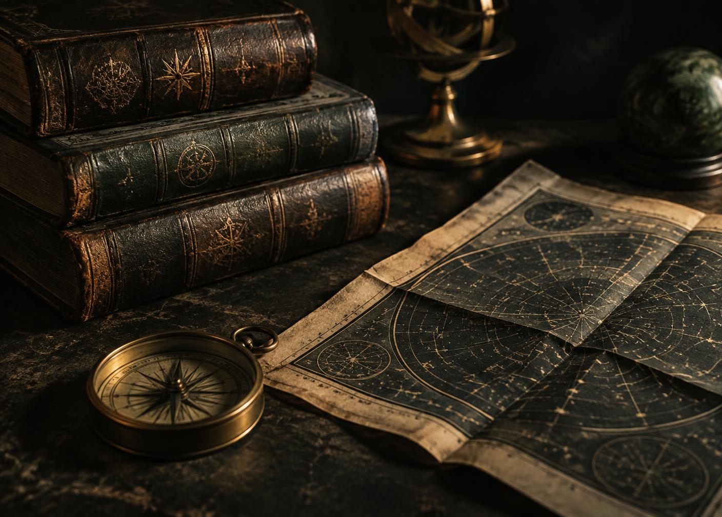 Antique leather-bound volumes, a star chart, and a brass compass