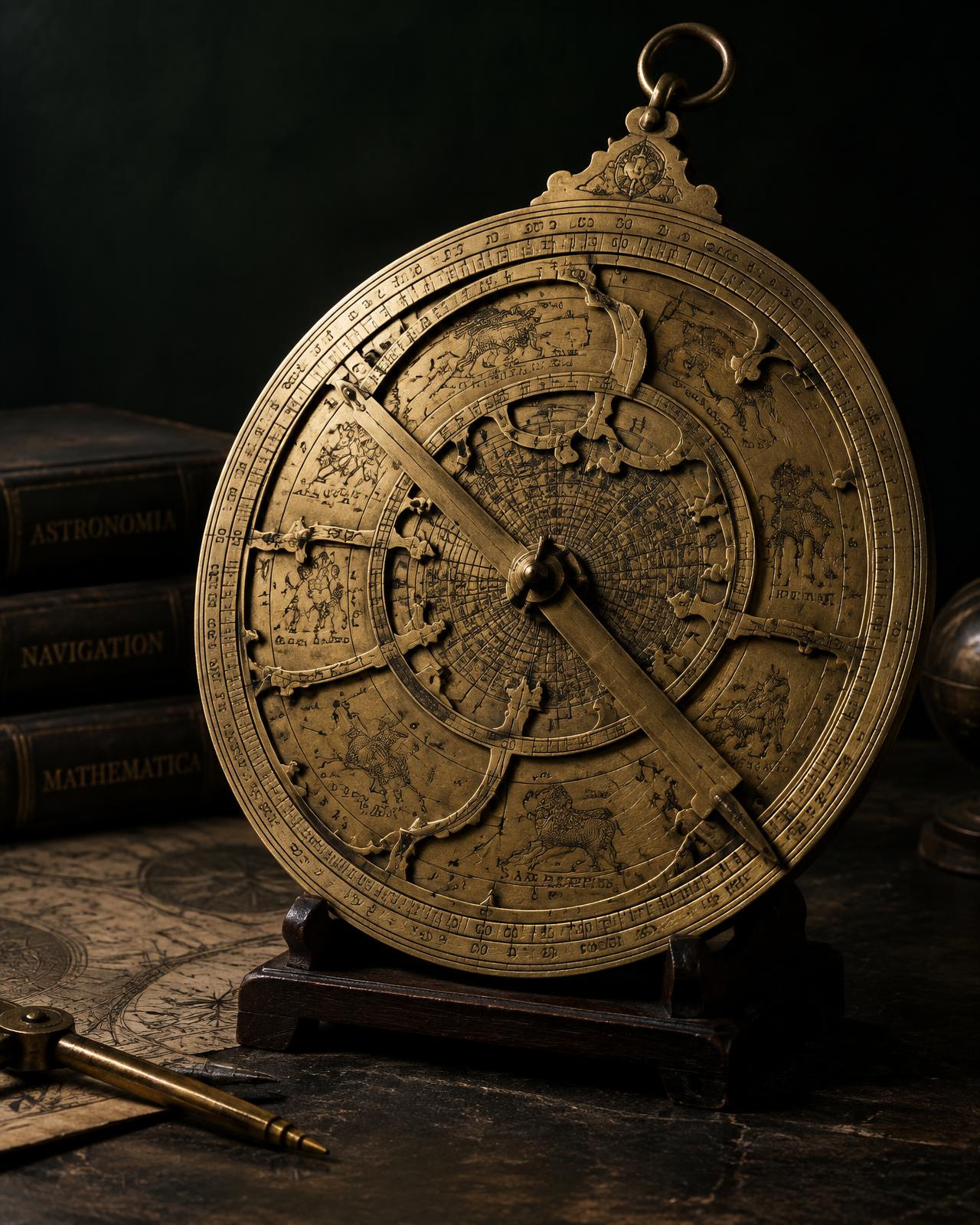 Antique brass astrolabe engraved with celestial coordinates