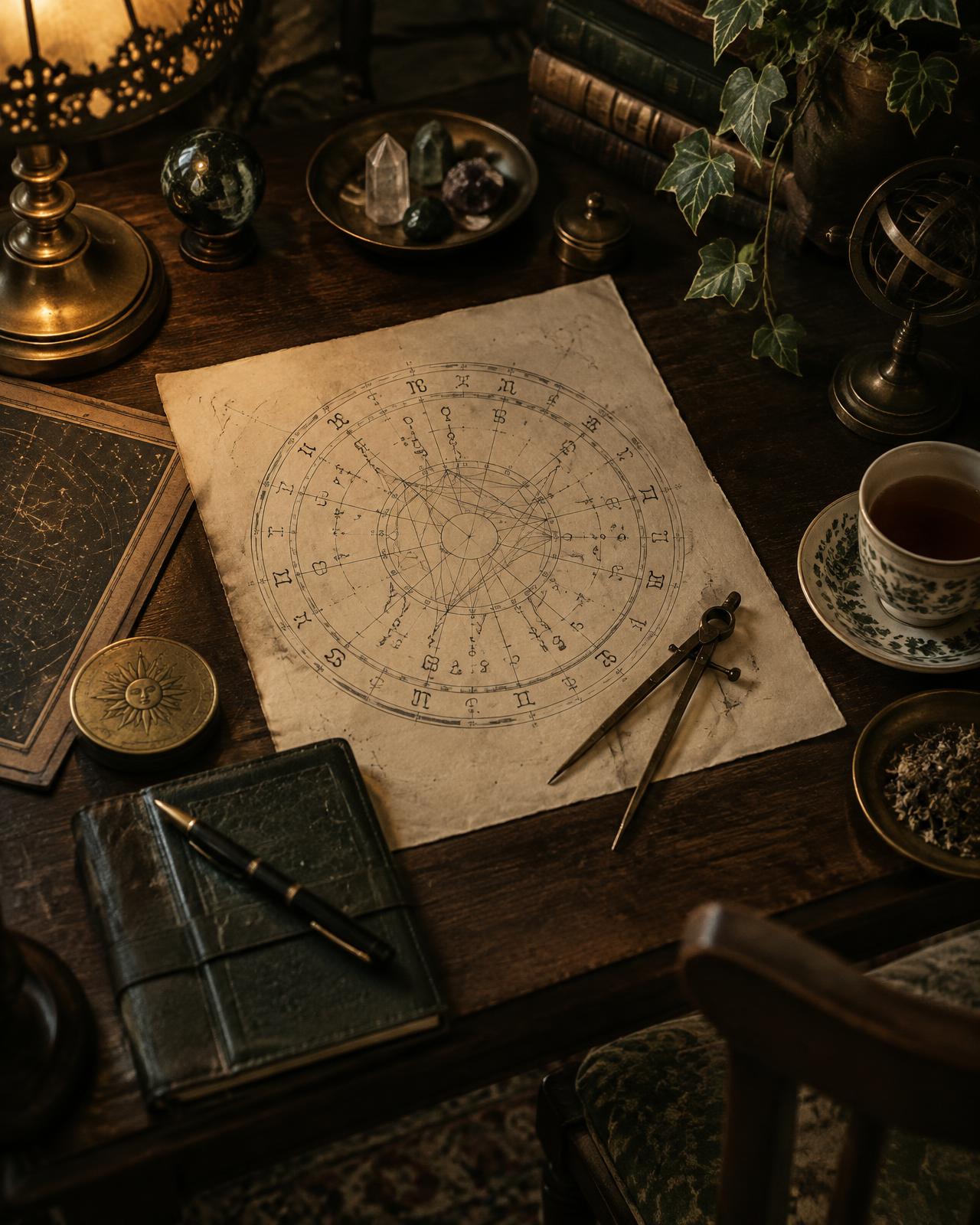 Hand-drawn natal chart, brass dividers, and a notebook on a lamplit consultation table