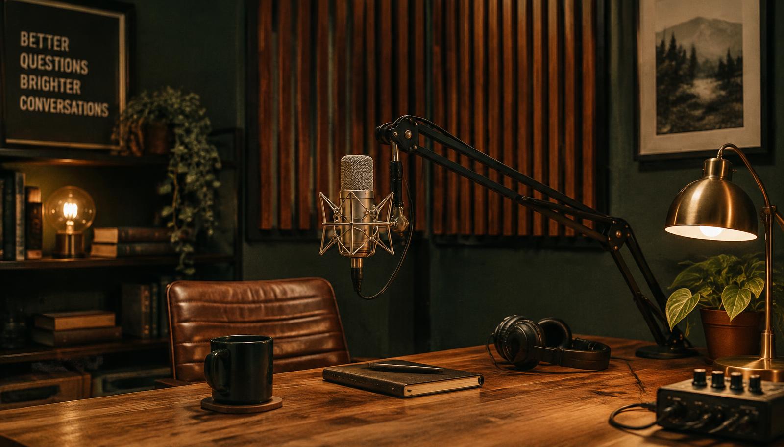 Analogue recording studio with a vintage microphone and warm lamplight