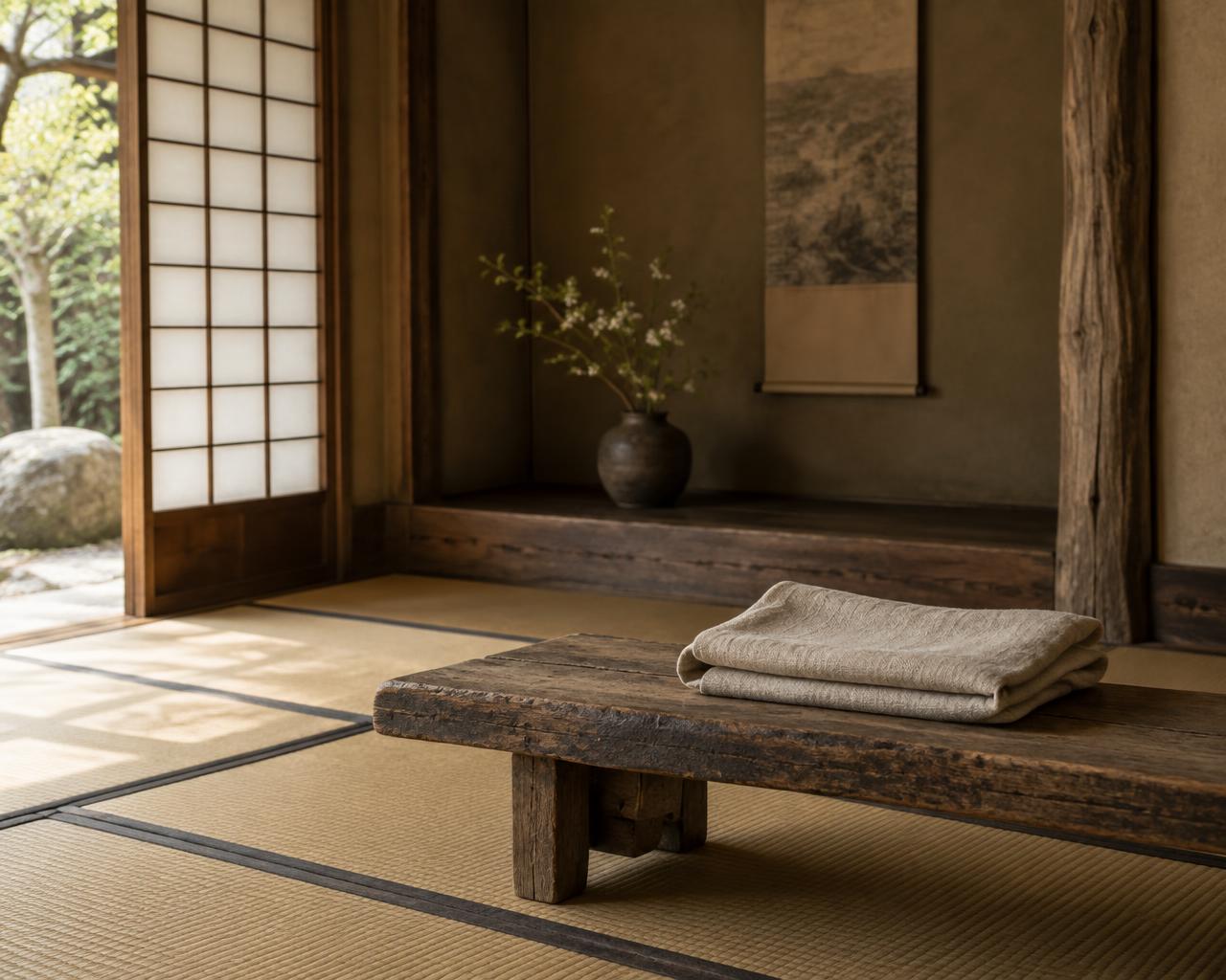 Quiet Japanese interior with folded linen