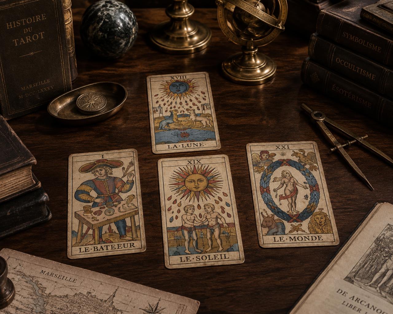 Historic tarot cards on dark wood