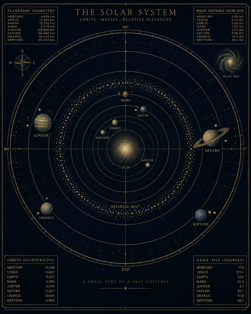Precision orbital chart drawn in gold linework on a dark ground